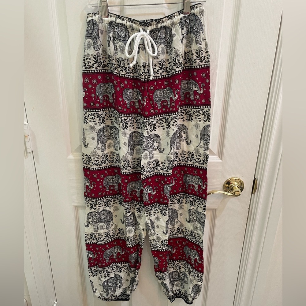 white black and grey elephant printed sweatpants
